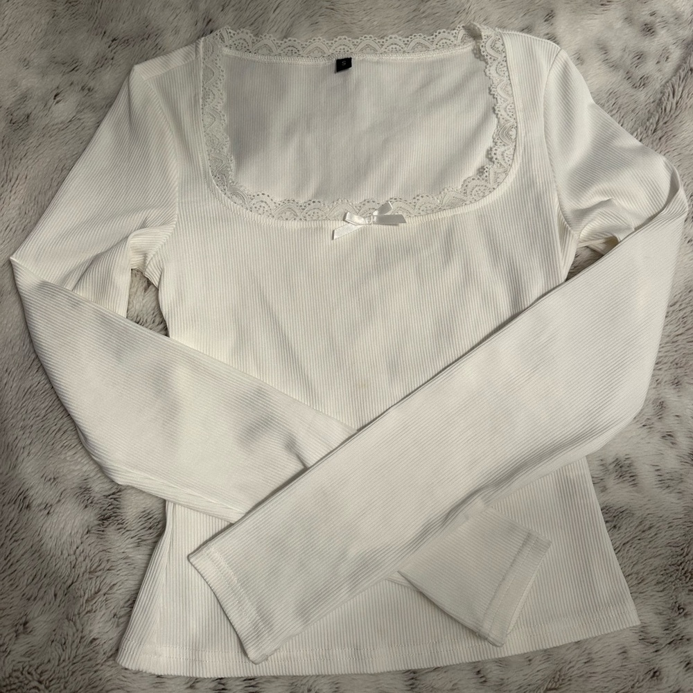 White Lace Trim Long Sleeve Top